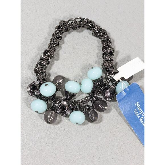 Simply Vera Wang Gray Metallic Crystal Ball Green Charm Stretch Chain Bracelet - Picture 7 of 9